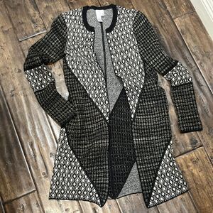 2bRYCH VTG Artzy‎ Argyle Diamond Pattern Black Gold Wool Cardigan Sweater Coat S